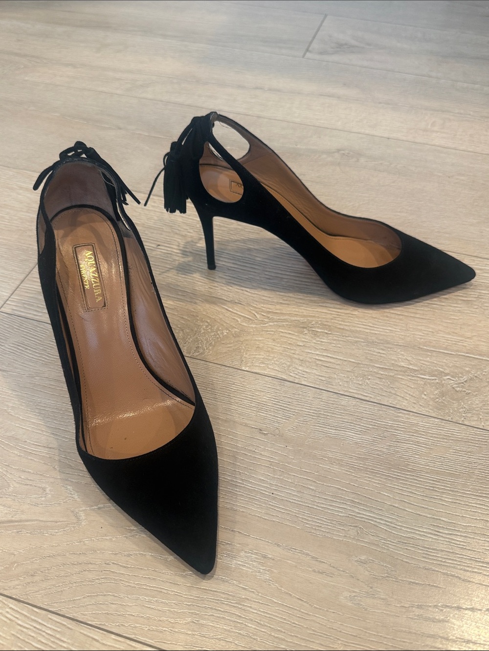 Aquazzura Black Pointed Tassel Tie Suede Pumps